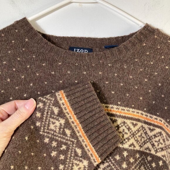 Mens Izod Jeans Fair Isle Lambswool Sweater Brown Tan  XL Washable Lambswool - Picture 3 of 7